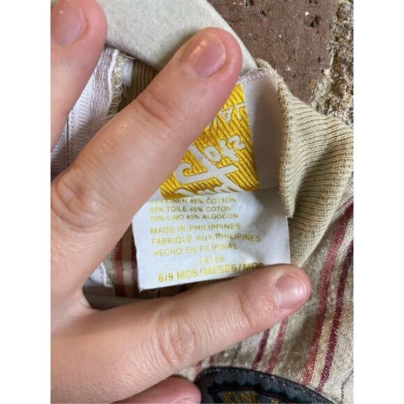 Tiny Tots Original Tan/Maroon Striped Romper with Airplane Aircraft Toggle Butto - Picture 6 of 11